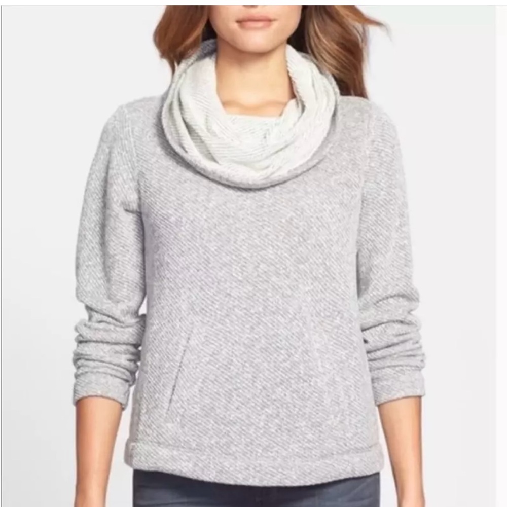 Eileen Fisher Funnel Neck Sweater Gray/ White Kangaroo Pocket Sweater Top Sm